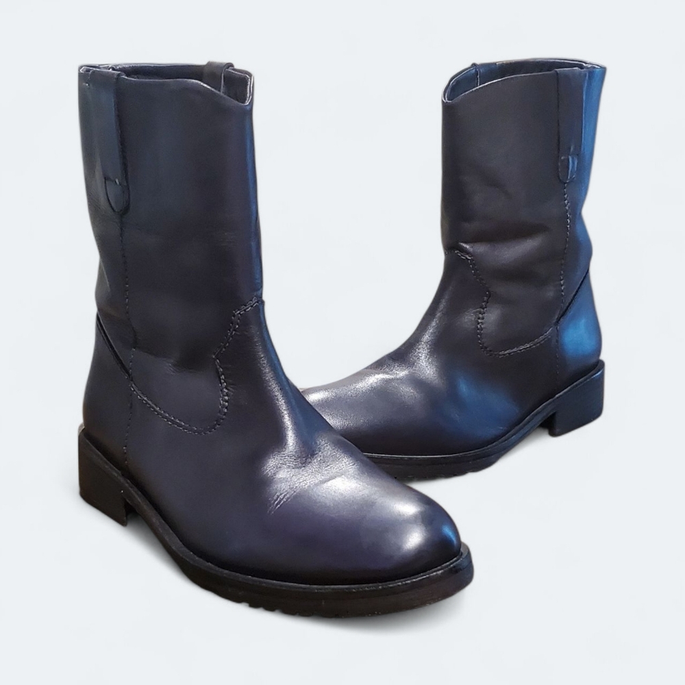 Vintage Foundry ALAINA Black Leather Ankle Boot Lug Sole, Pull On Bootie EUR 41